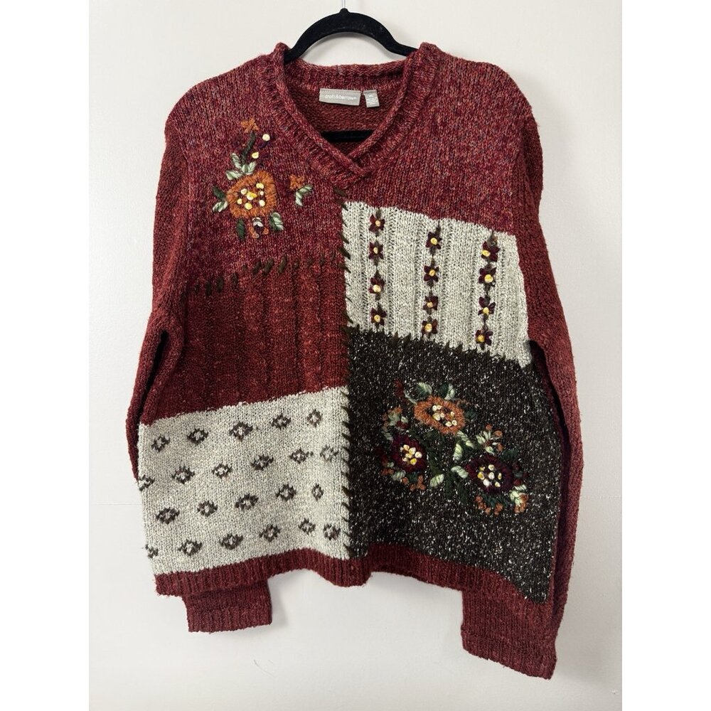 VTG Croft Barrow XL Embroidered Patchwork Fall Sweater Sunflower Grannycore Knit - Picture 2 of 12